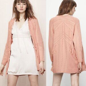 Maje Pink Fringe Open Front Cardigan‎ Knit Sweater Size Medium Maje Size 2 Boho